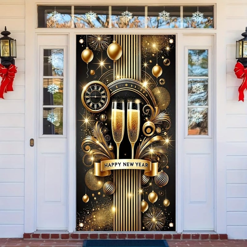 TOMHONG Happy New Year Champagne Toast Door Cover Decoration 71x35 Inch Gold Black SparkleTheme Party Banner for New Years Eve Wall Decor Festive NYE Holiday Supplies Photo Prop - Image 5